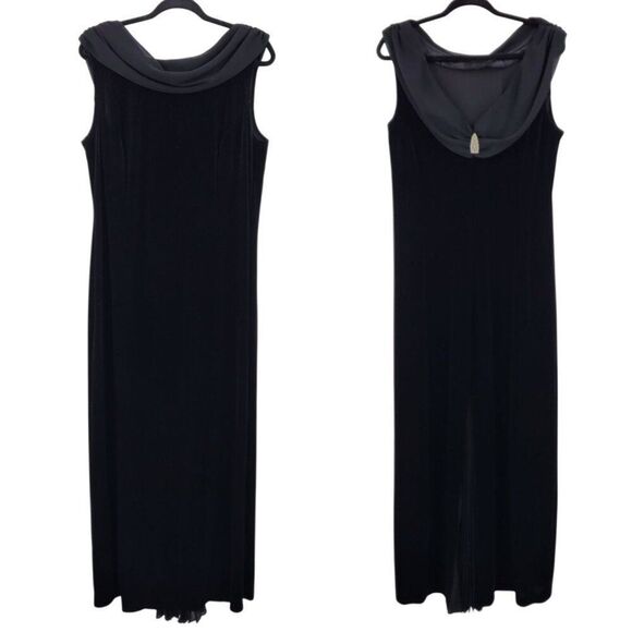 Vntage Black Velour Stretch Gown Sz 18 Scoop Back Jeweled Pleated Slit Cocktail - Picture 1 of 11